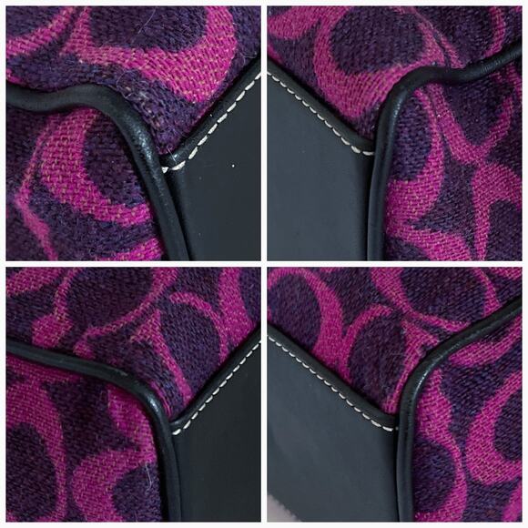 🚨LOW START! COACH Monogram Fabric Wool Twill Sm Tote Black Fuchsia Leather Trim - Picture 7 of 9